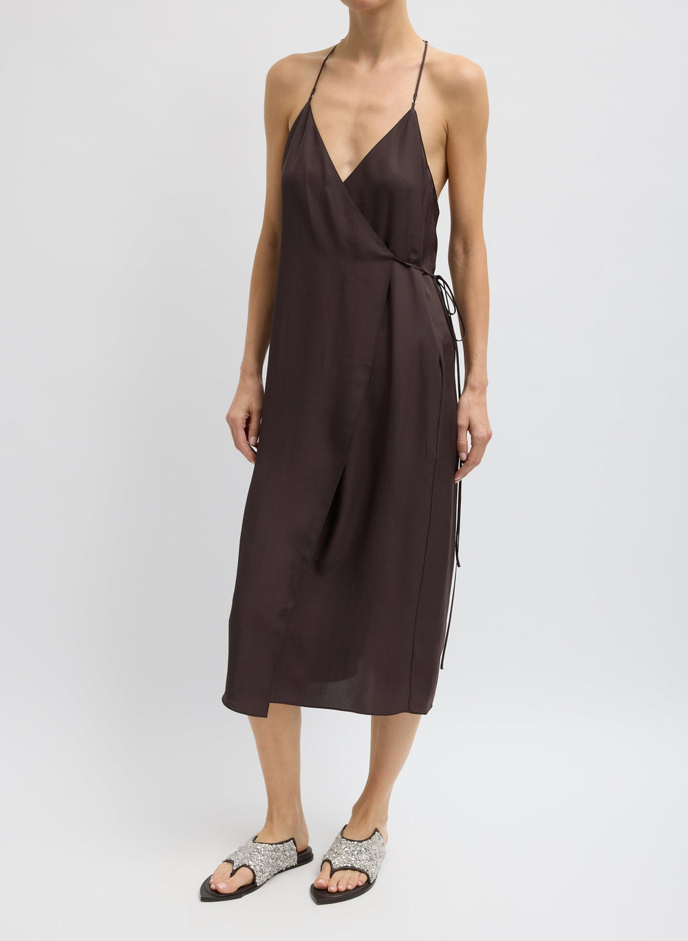 Summer Slip Wrap Dress | Tibi Chocolate Brown
