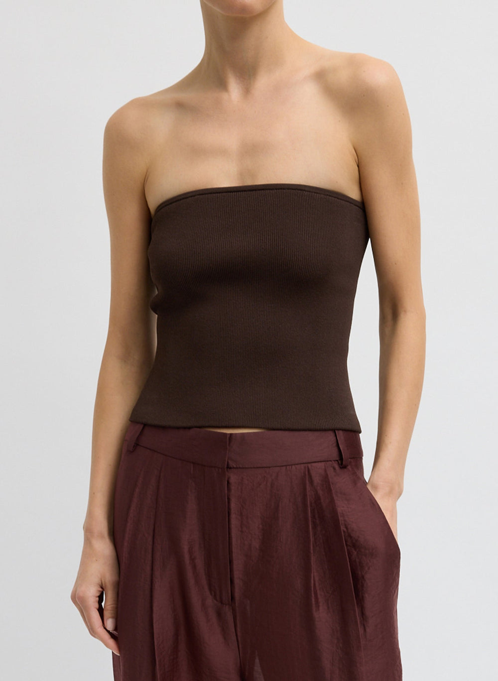 Ribbed Sweater Tube Top | Tibi Hickory Brown