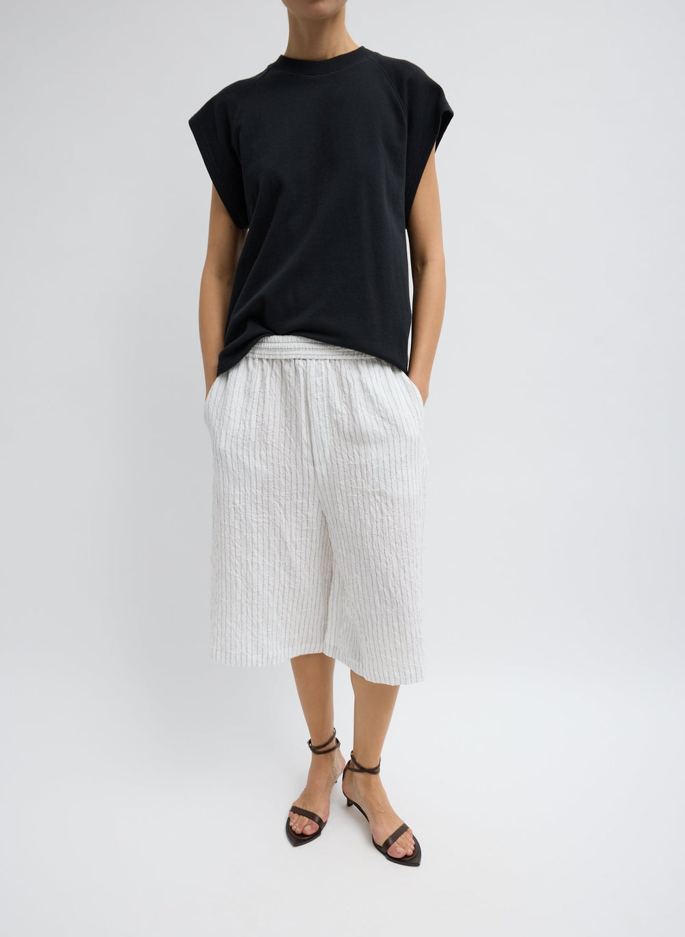 Crinkle Stripe Summer Suiting Relaxed Long Short | Tibi Ivory Multi