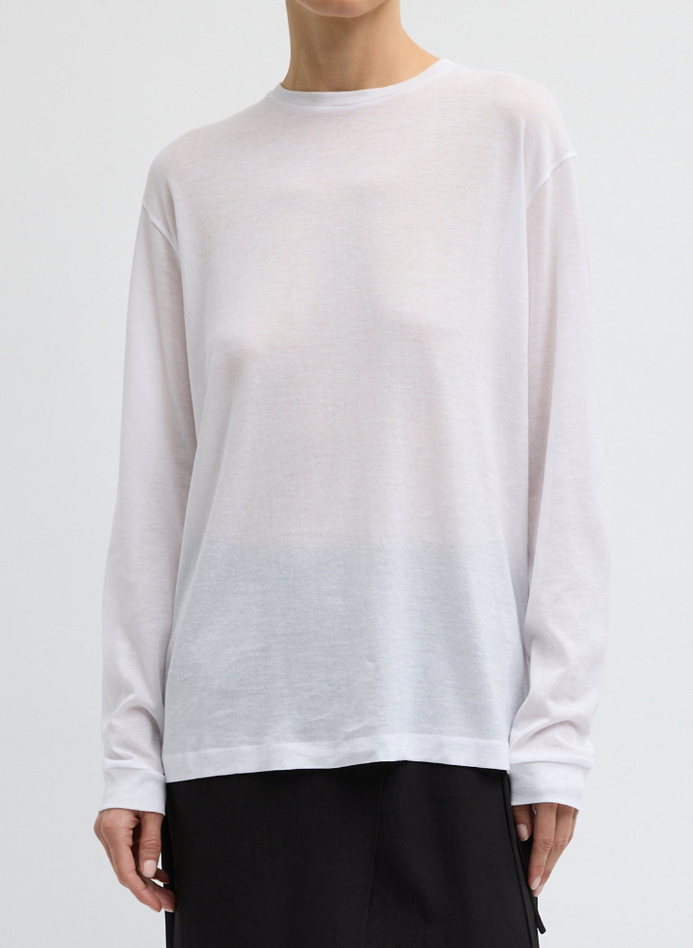 Sheer Crepe Knit Crewneck Unisex Long Sleeve T-Shirt | Tibi White