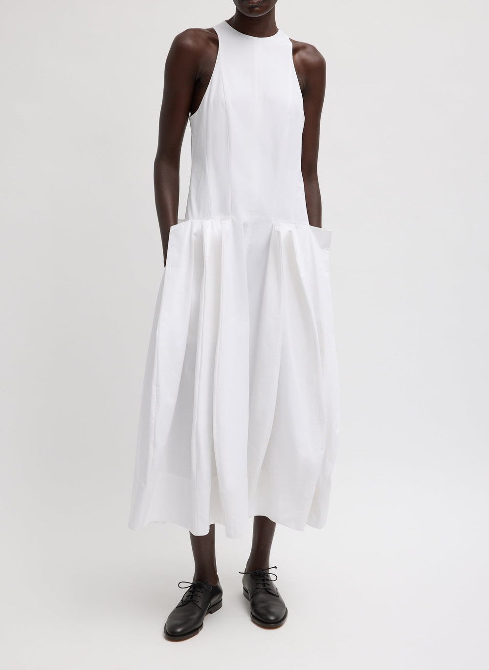 Compact Eco Poplin Pinched Pleat Dress | Tibi White