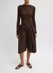Luxe Spring Twill Tucked Pleated Wide Leg Short | Tibi Hickory Brown