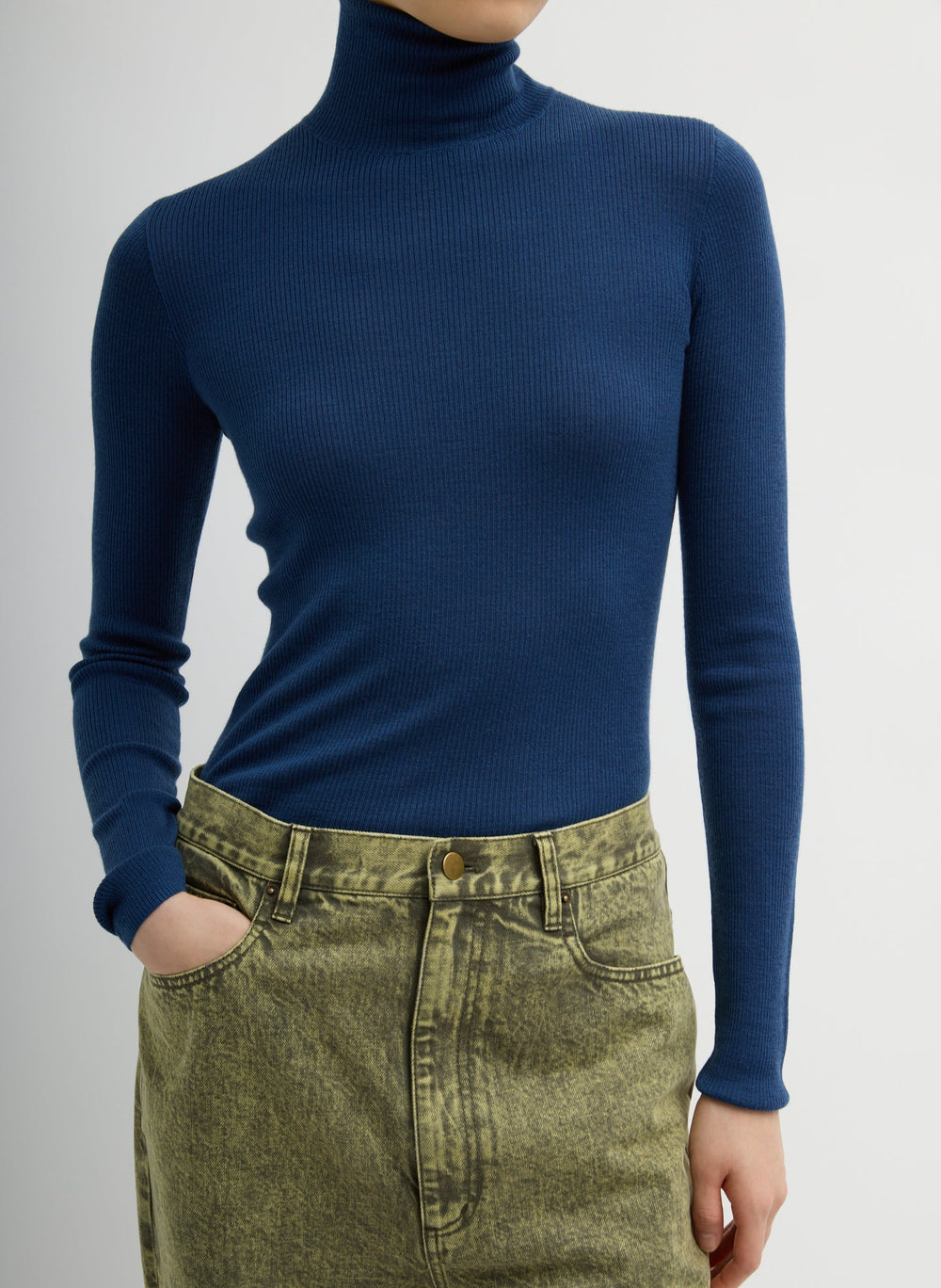 Featherweight Ribbed Sweater Turtleneck Pullover | Tibi Seal Blue