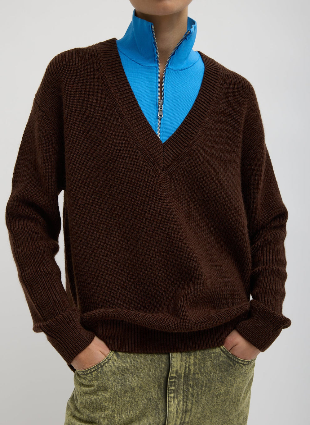 Cardigan Stitch V-Neck With Removable Dickie | Tibi Brown
