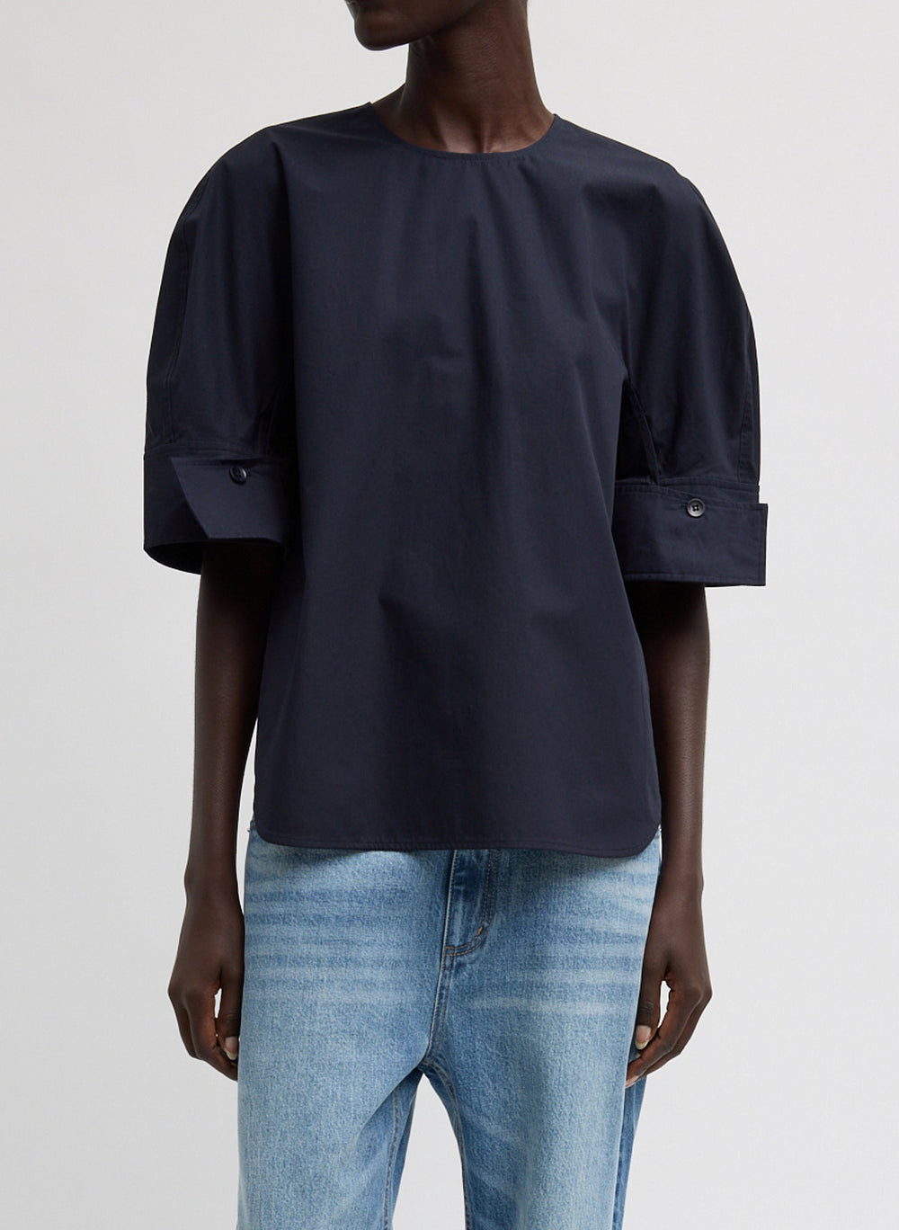 Compact Eco Poplin Reverse Sleeve Top | Tibi Navy