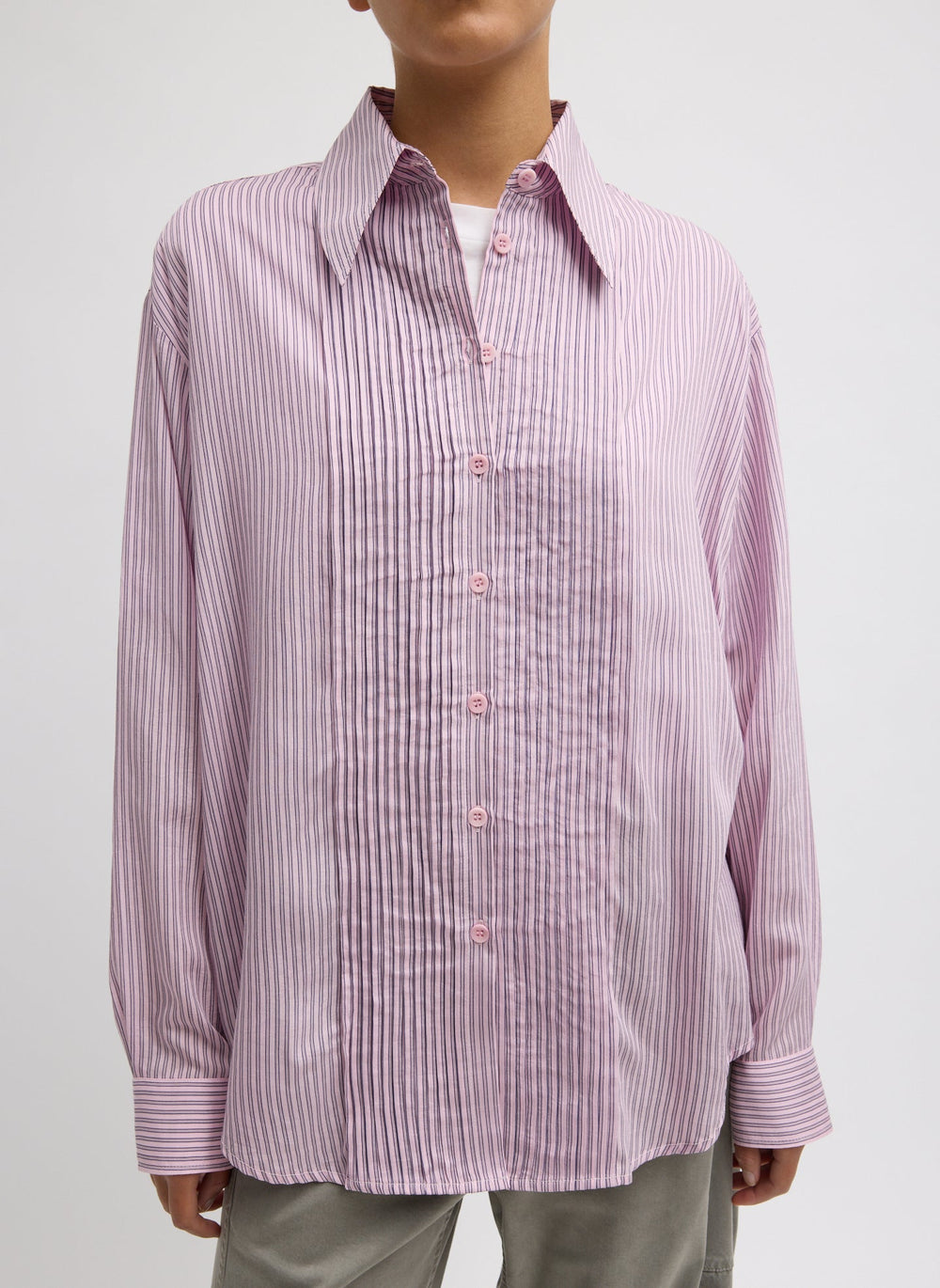 Ultra Light Silk Tencel Striped Pintucked Shirt | Tibi Pink Multi