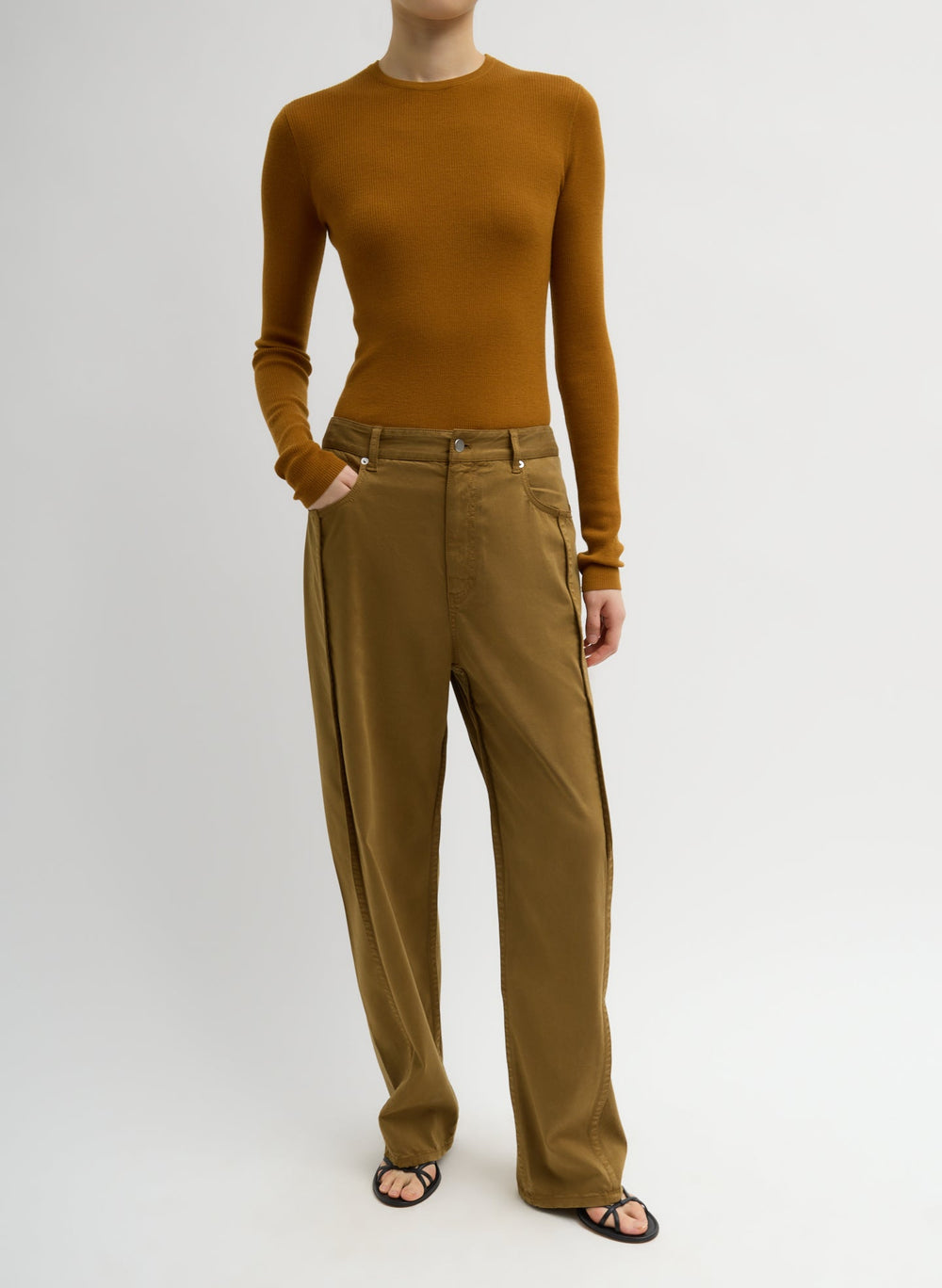 Garment Dyed Stretch Twill Tuck Pant | Tibi Dark Tan