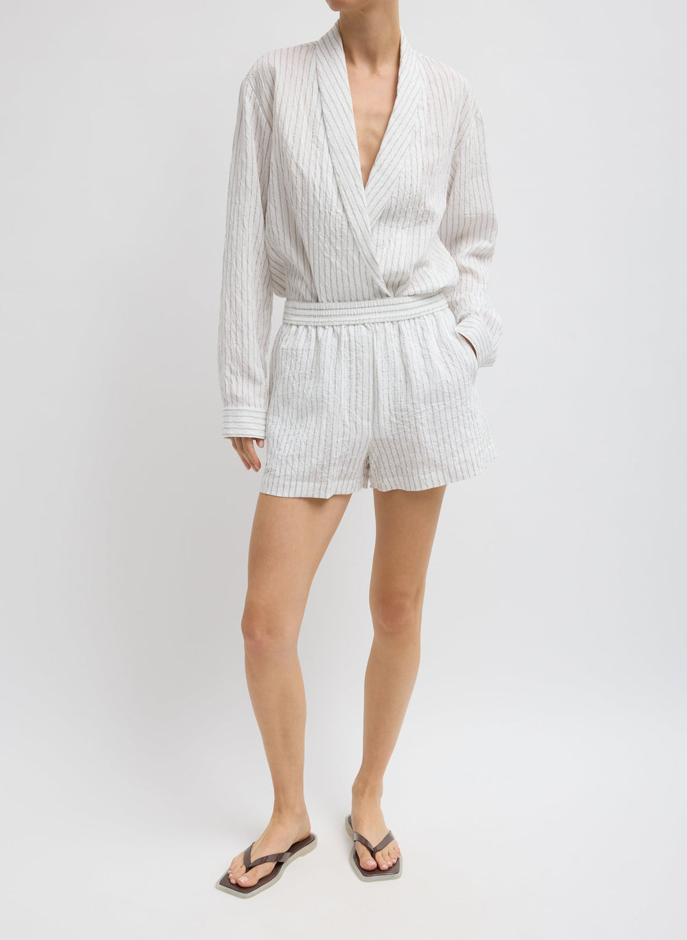Crinkle Stripe Summer Suiting Pull On Shorts | Tibi Ivory Multi