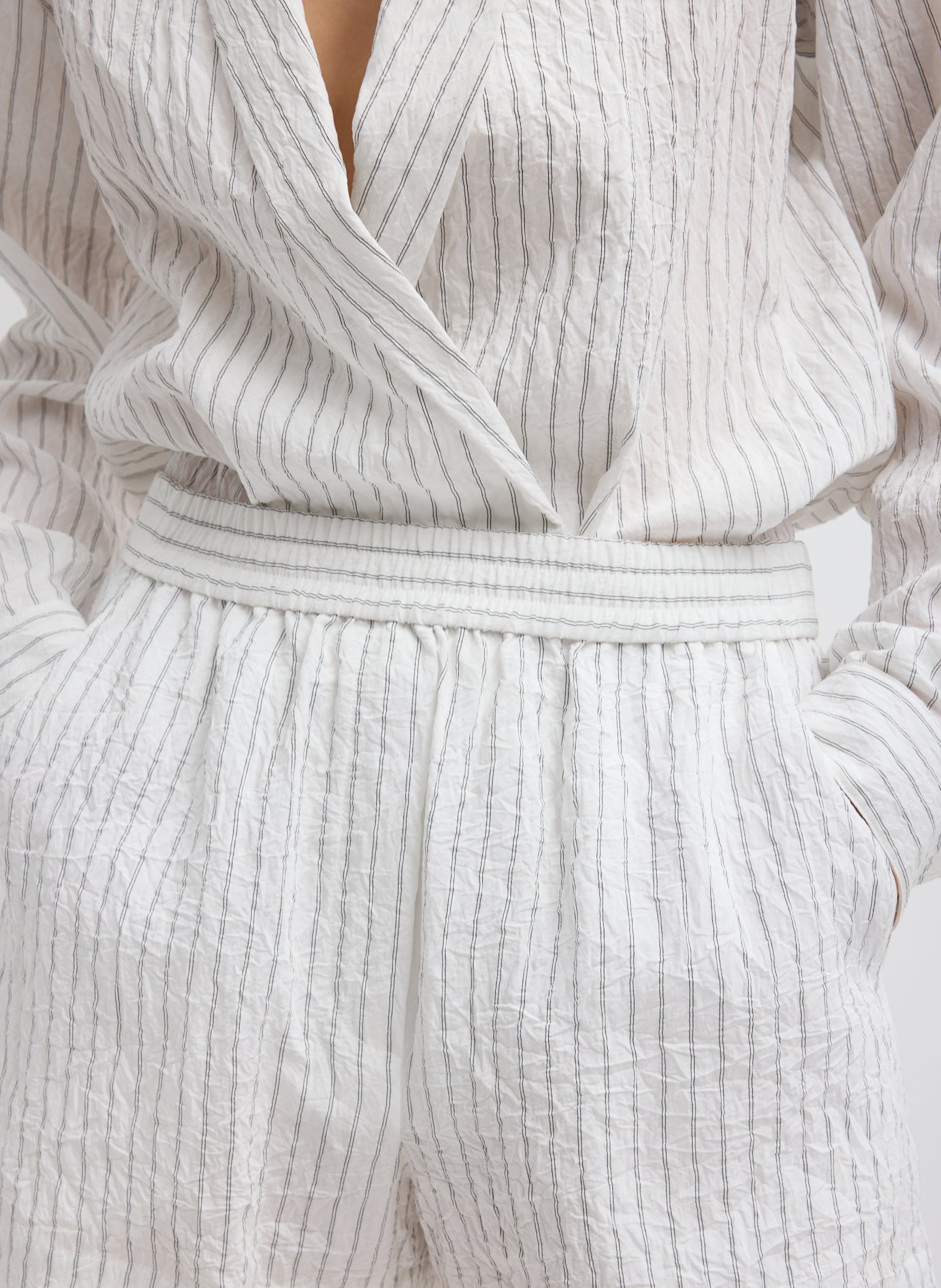 Crinkle Stripe Summer Suiting Pull On Shorts | Tibi Ivory Multi