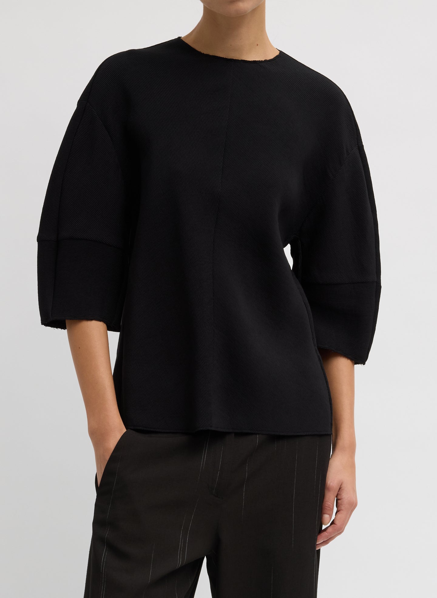 Viscose Plisse Hinged Short Sleeve Top | Tibi Black