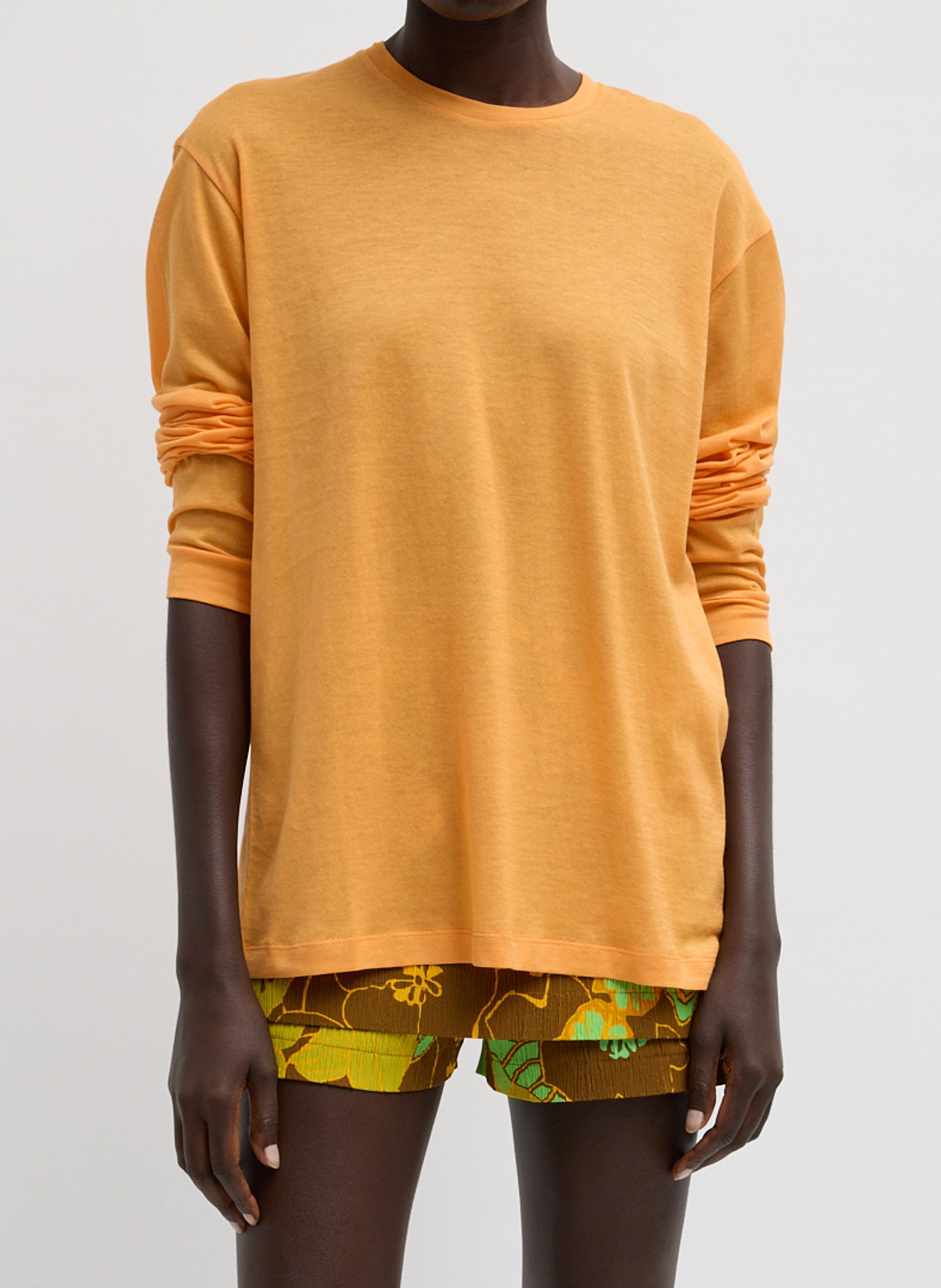 Sheer Crepe Knit Crewneck Unisex Long Sleeve T-Shirt | Tibi Orange