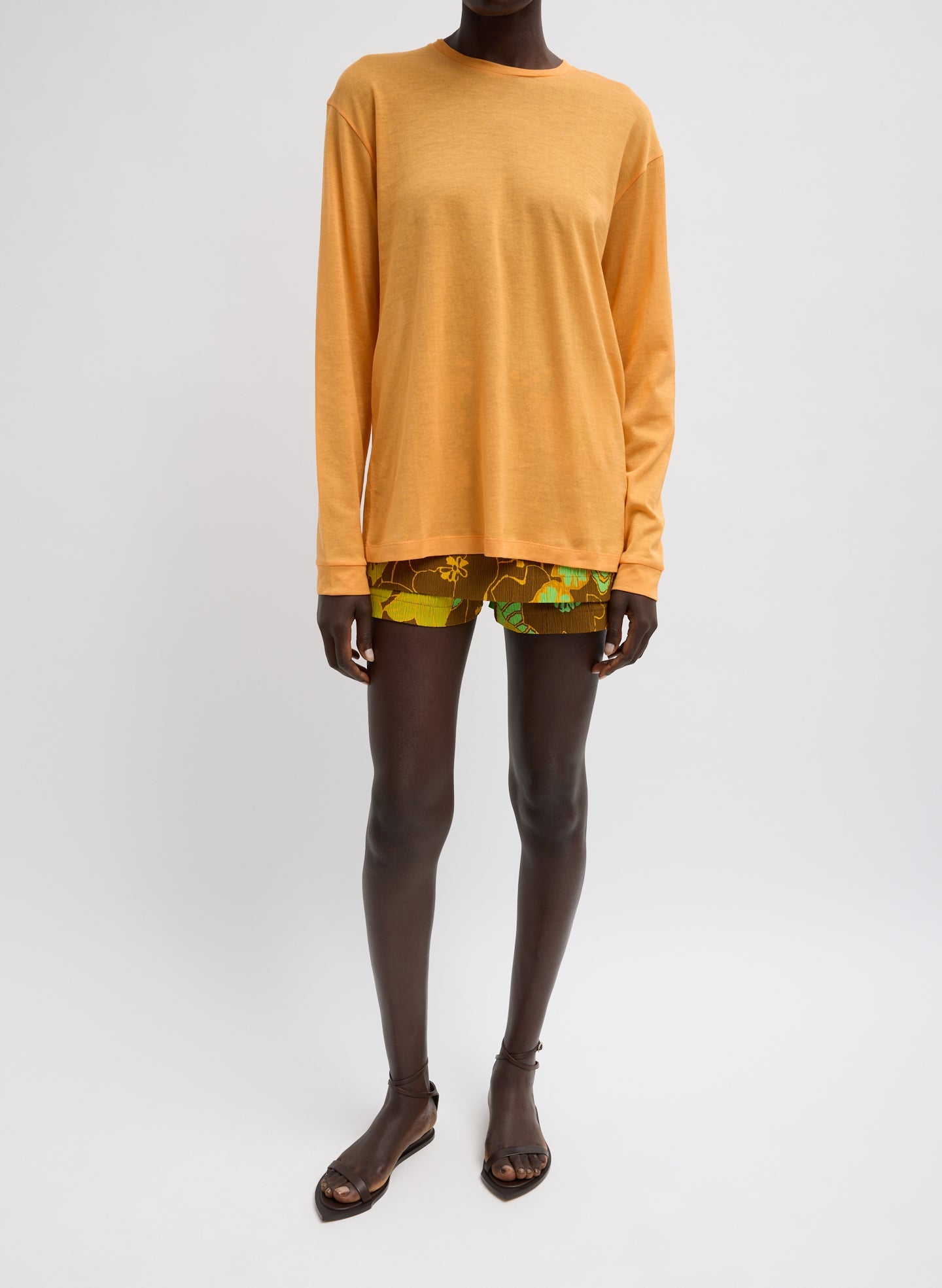 Sheer Crepe Knit Crewneck Unisex Long Sleeve T-Shirt | Tibi Orange