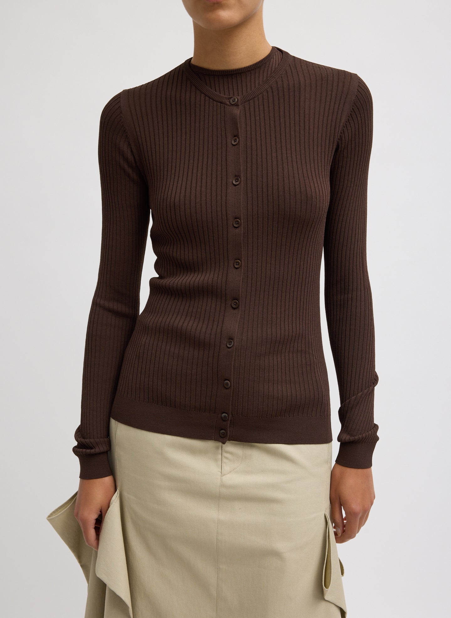 Ribbed Sweater Slim Cardigan | Tibi Hickory Brown