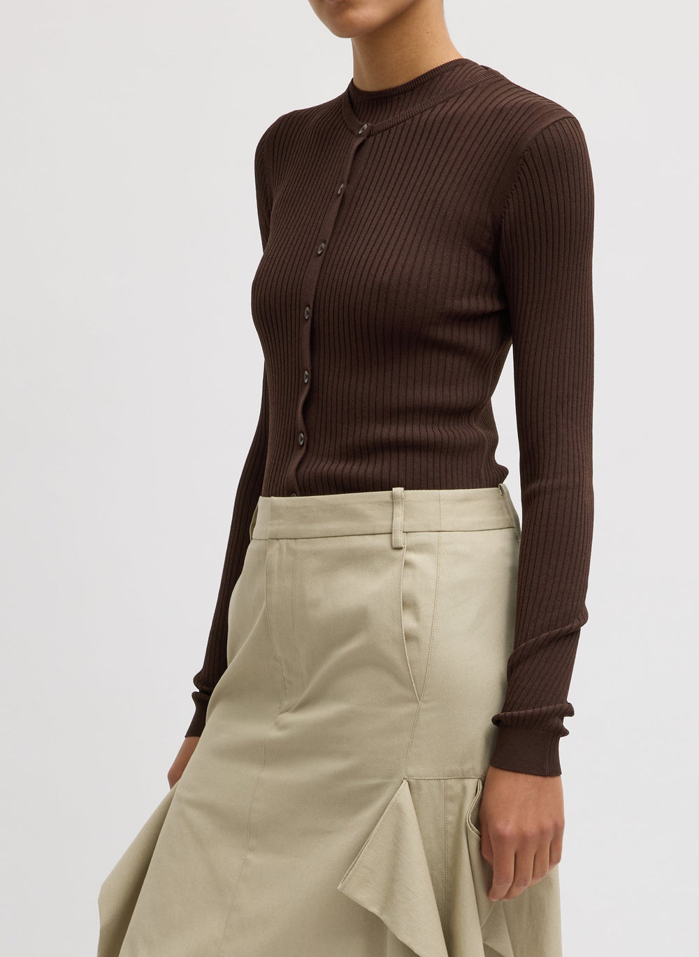 Ribbed Sweater Slim Cardigan | Tibi Hickory Brown