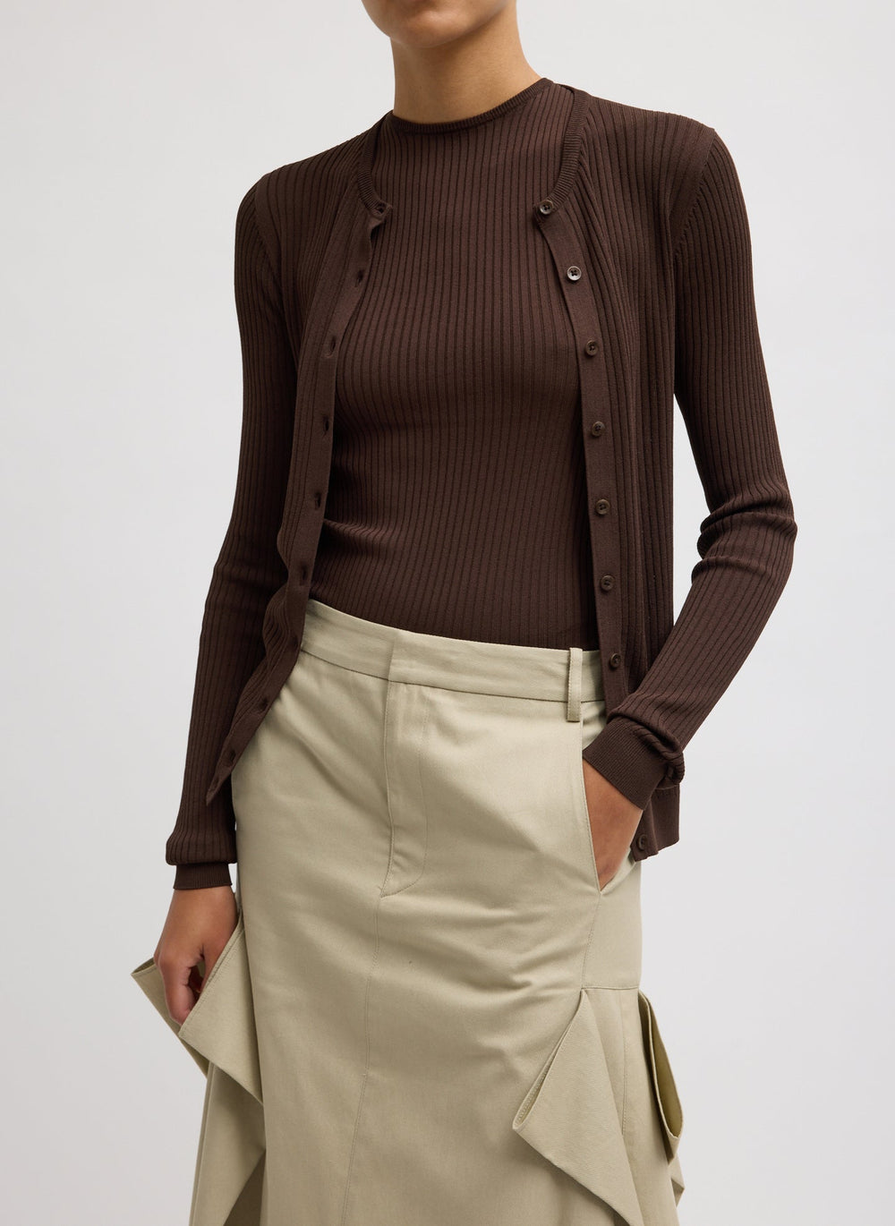 Ribbed Sweater Slim Cardigan | Tibi Hickory Brown