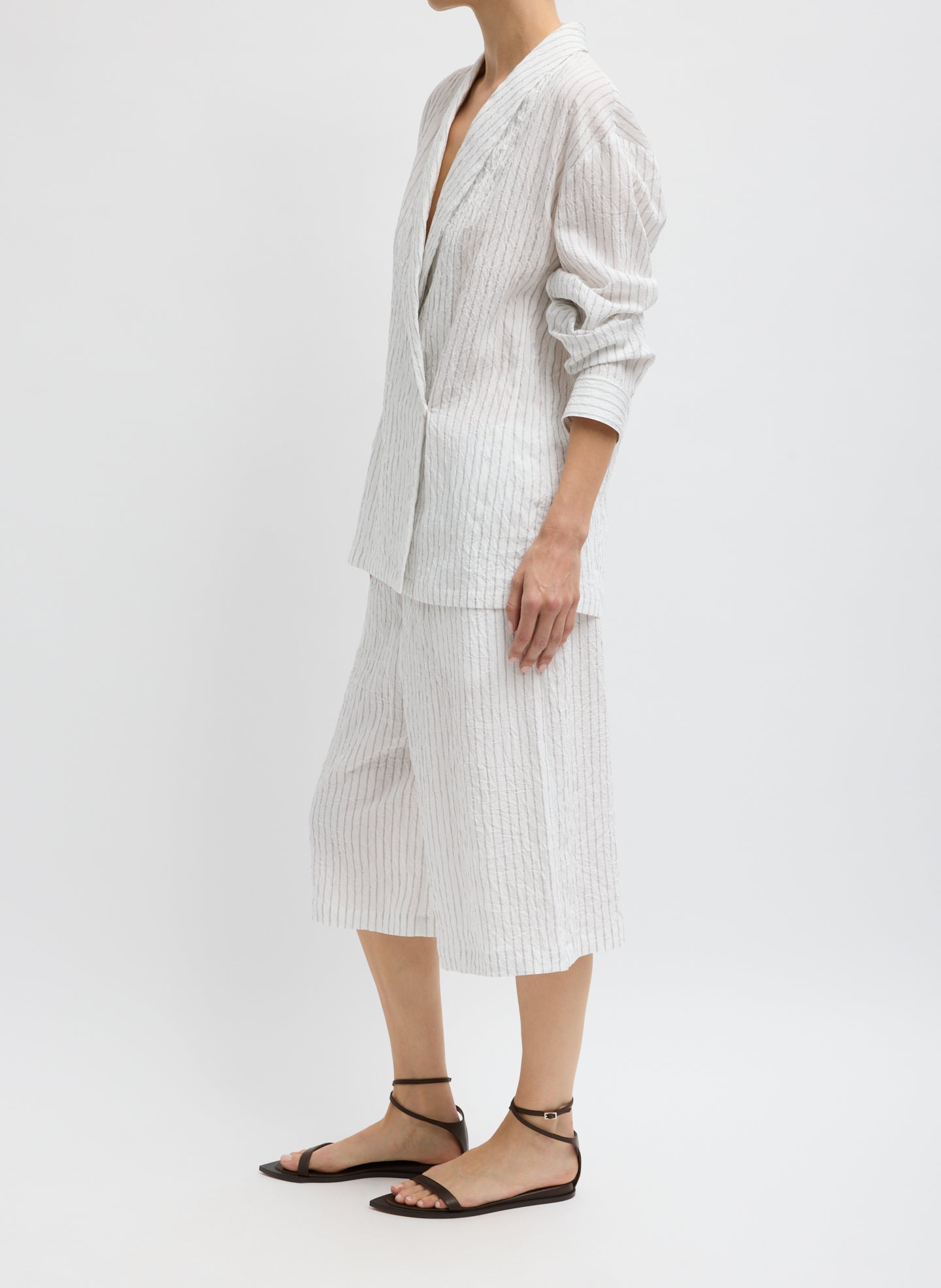 Crinkle Stripe Summer Suiting Relaxed Long Short | Tibi Ivory Multi