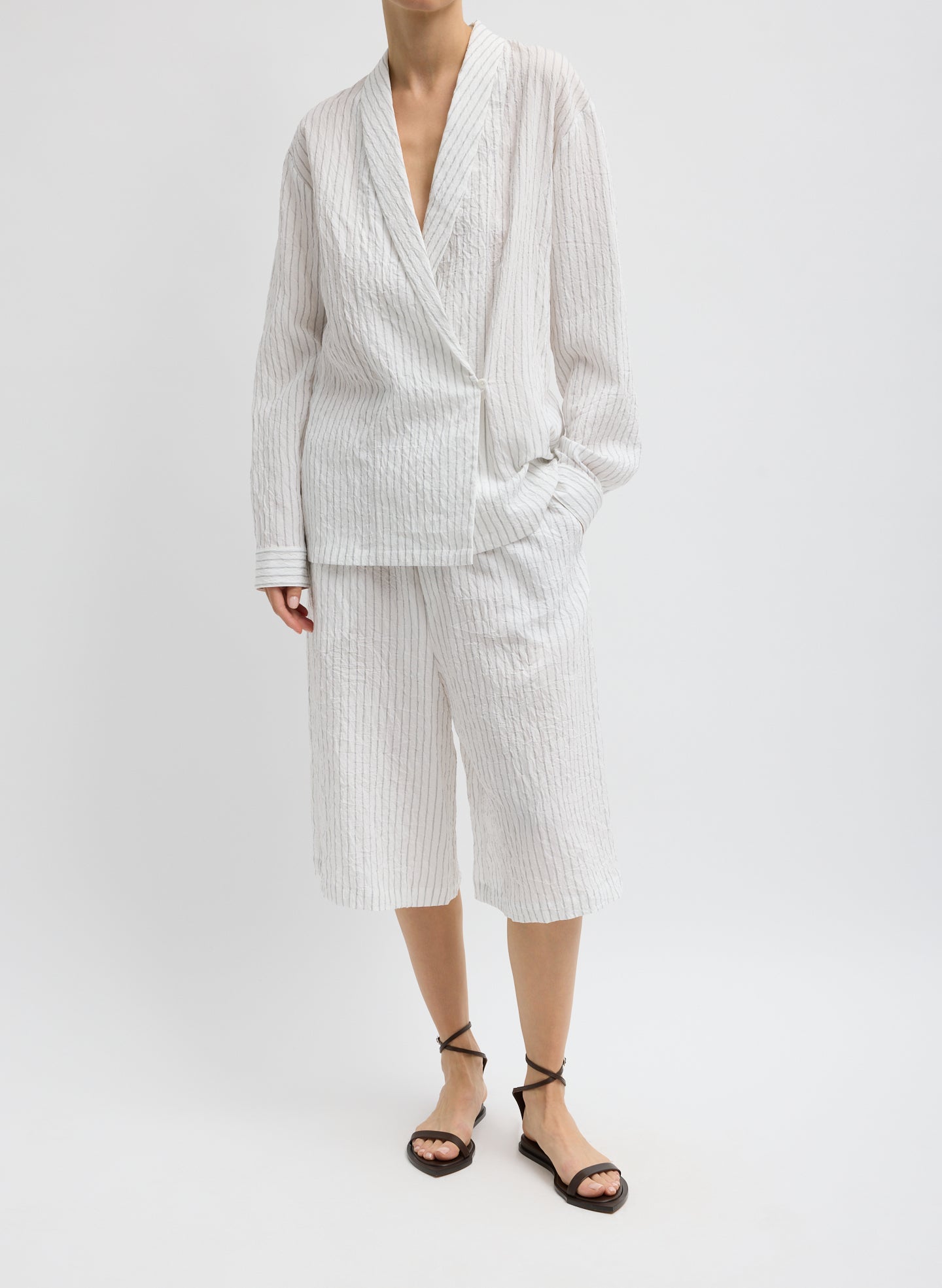Crinkle Stripe Summer Suiting Relaxed Long Short | Tibi Ivory Multi