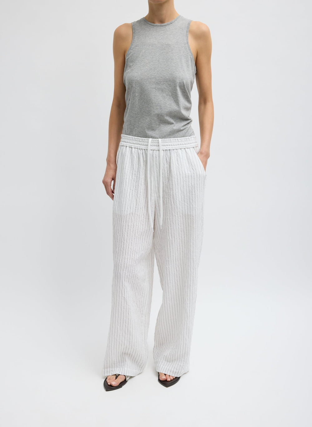 Crinkle Stripe Summer Suiting Wide Leg Pull On Pant | Tibi Ivory Multi