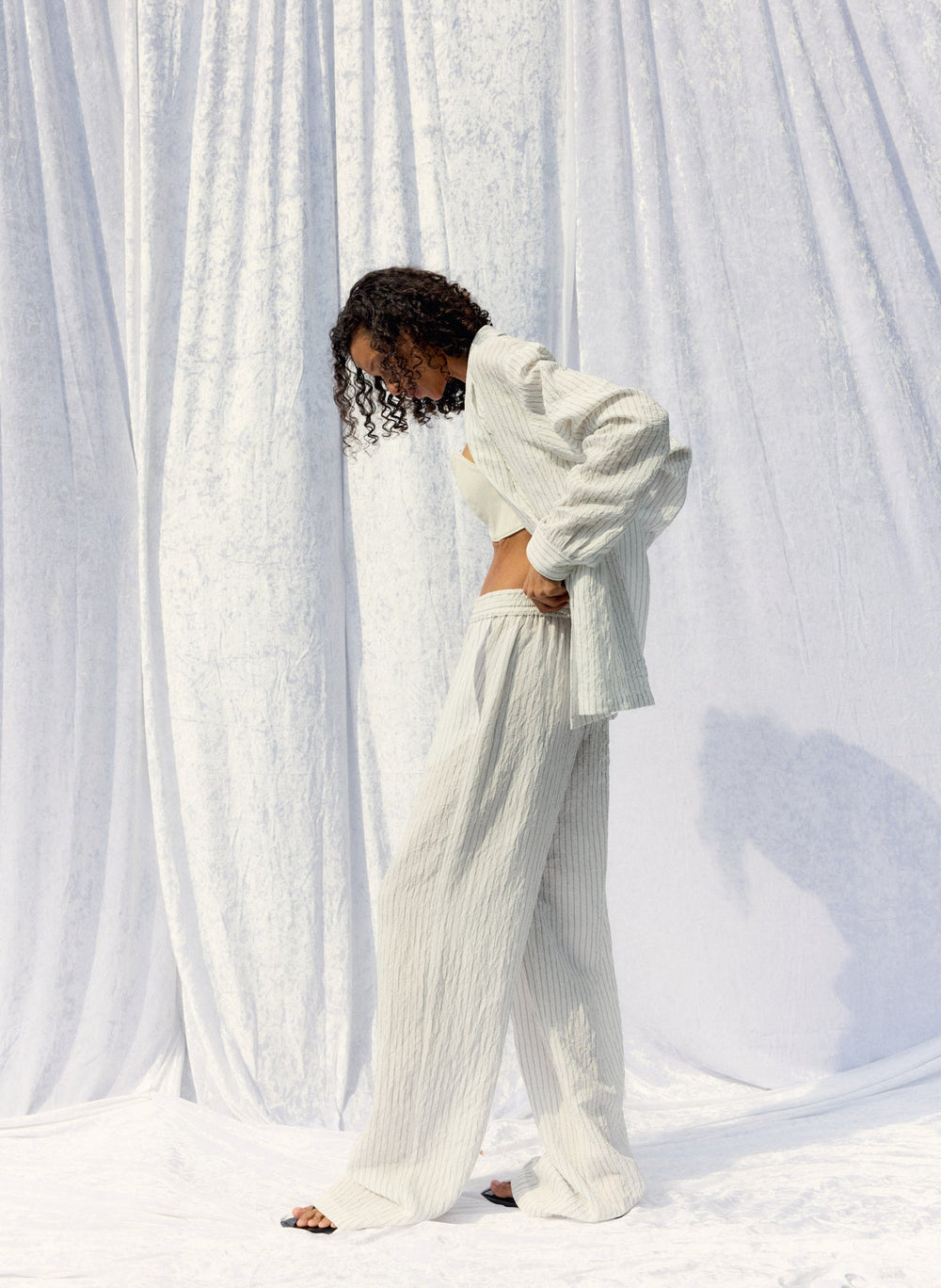 Crinkle Stripe Summer Suiting Wide Leg Pull On Pant | Tibi Ivory Multi