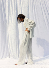 Crinkle Stripe Summer Suiting Wide Leg Pull On Pant | Tibi Ivory Multi