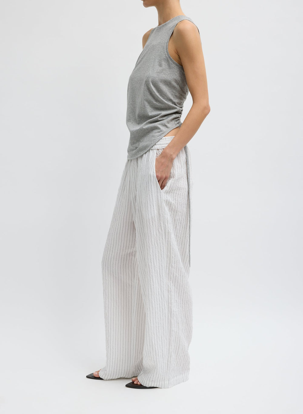 Crinkle Stripe Summer Suiting Wide Leg Pull On Pant | Tibi Ivory Multi