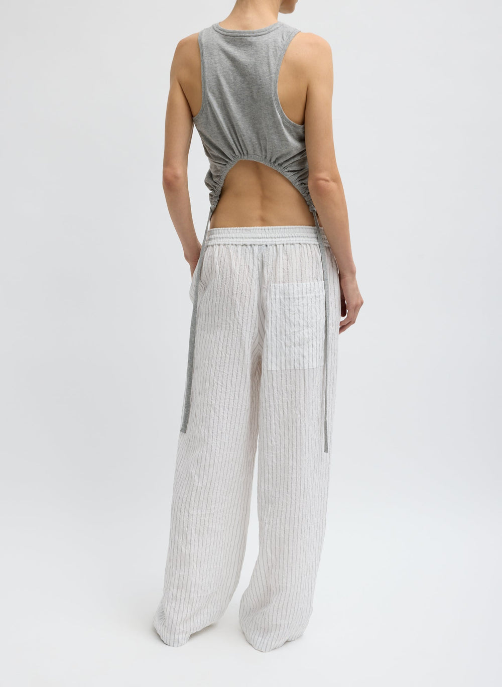 Crinkle Stripe Summer Suiting Wide Leg Pull On Pant | Tibi Ivory Multi