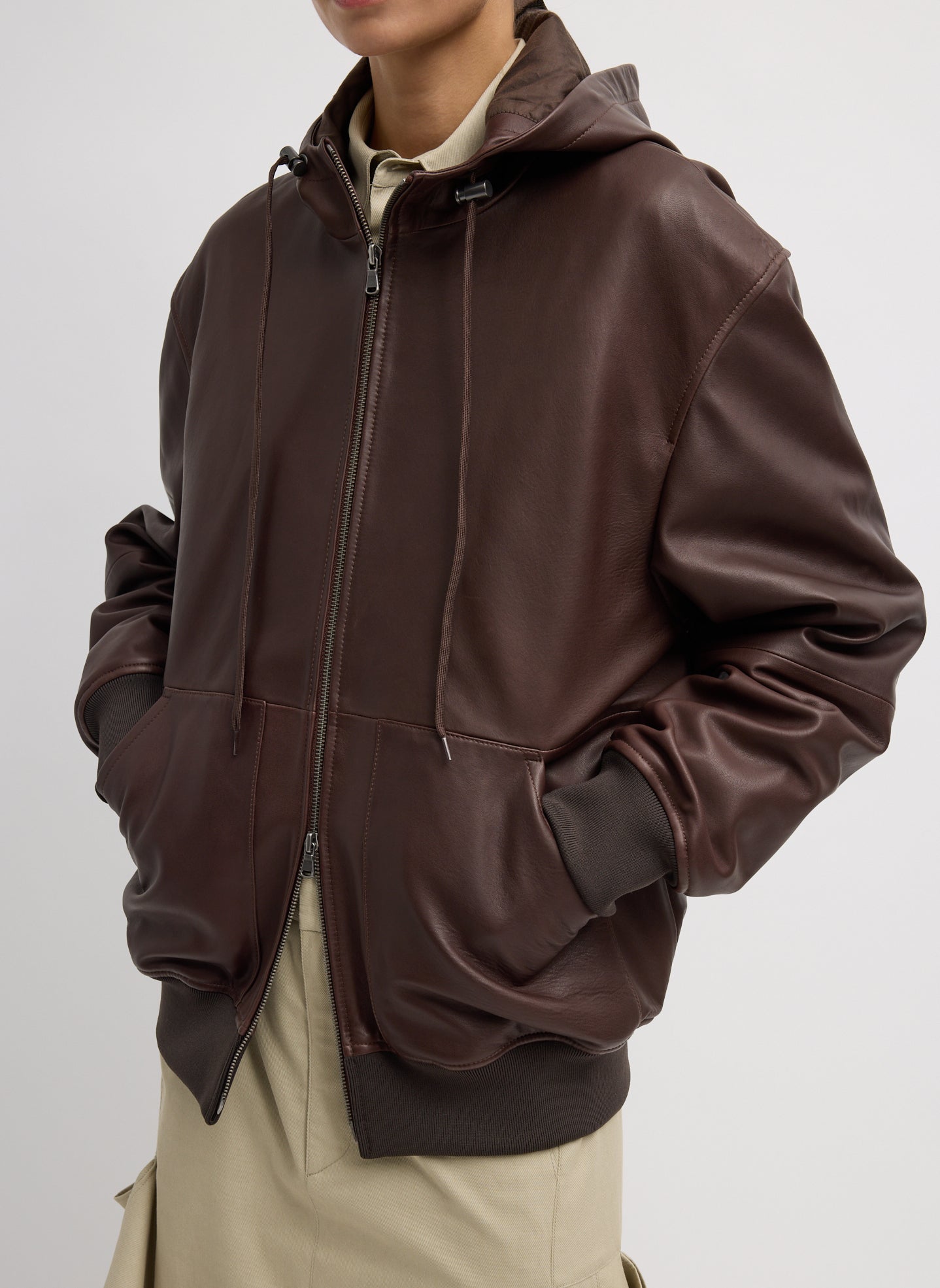 Leather Zip Up Hoodie Jacket | Tibi Brown
