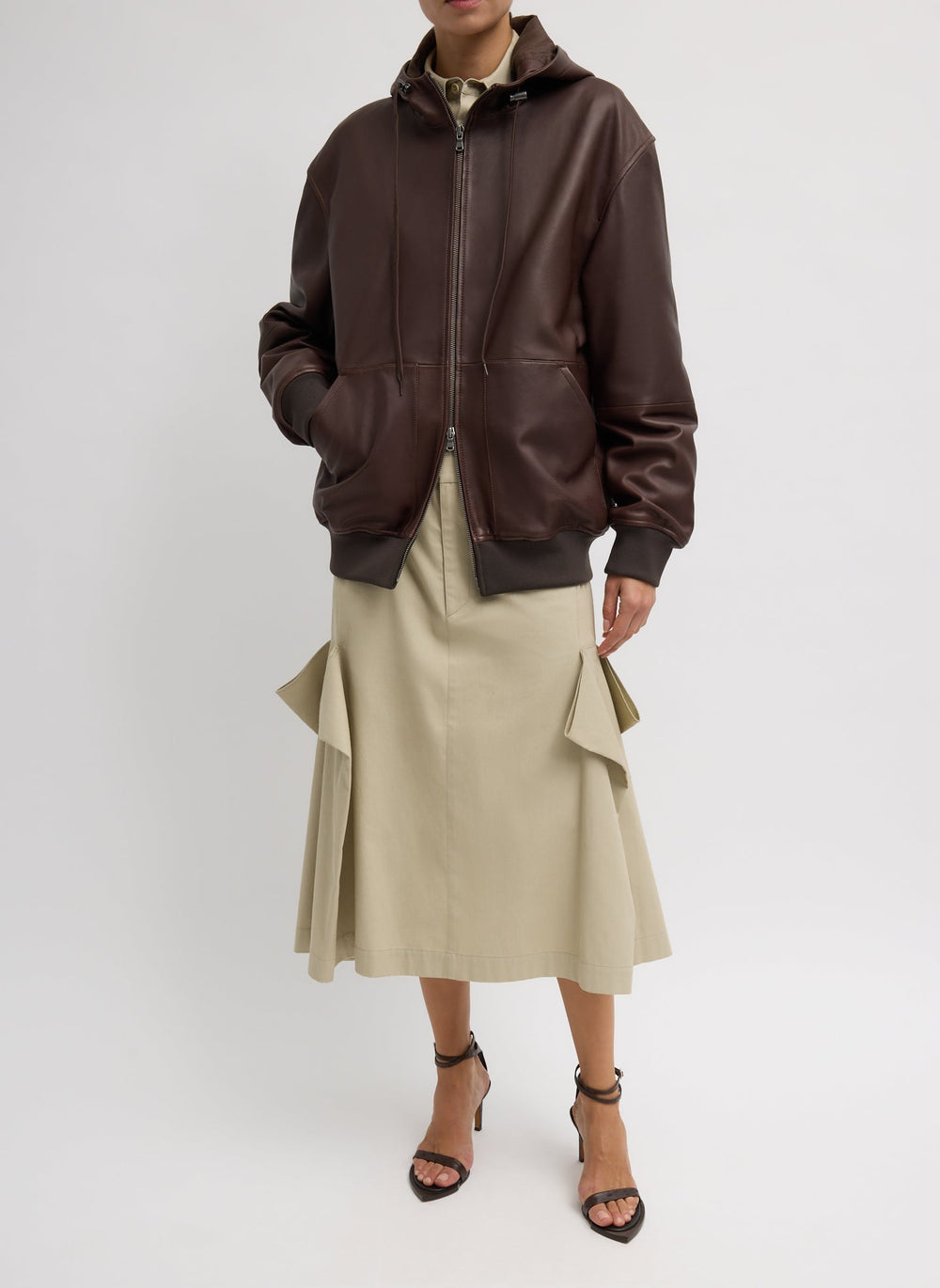 Leather Zip Up Hoodie Jacket | Tibi Brown
