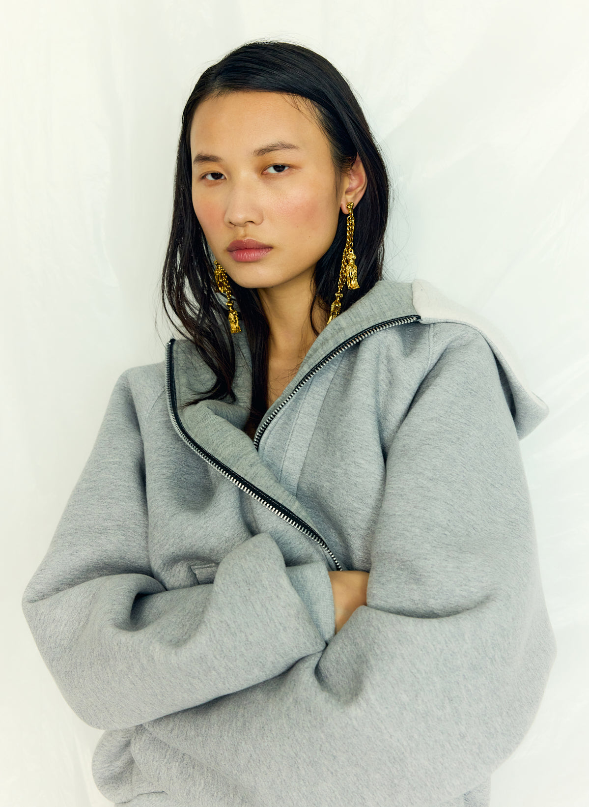 Compact Tech French Terry Zip Up Hoodie | Tibi Heather Grey