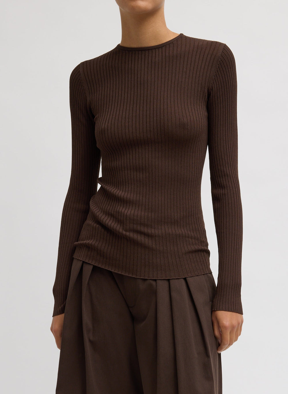 Ribbed Sweater Crewneck Pullover | Tibi Hickory Brown