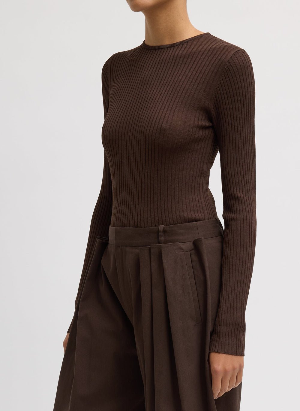 Ribbed Sweater Crewneck Pullover | Tibi Hickory Brown