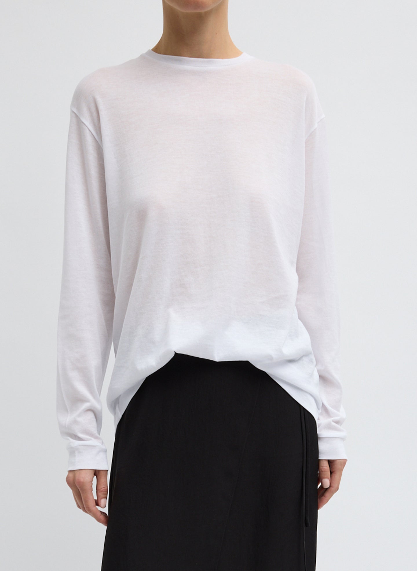Sheer Crepe Knit Crewneck Unisex Long Sleeve T-Shirt | Tibi White