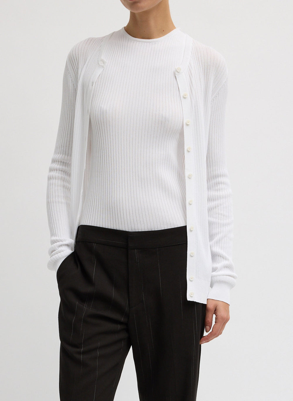 Ribbed Sweater Slim Cardigan | Tibi White