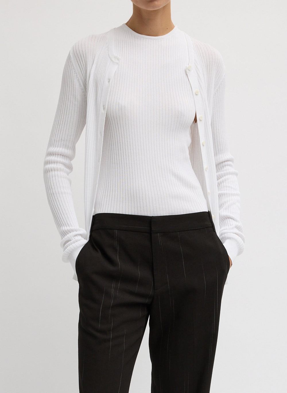Ribbed Sweater Slim Cardigan | Tibi White