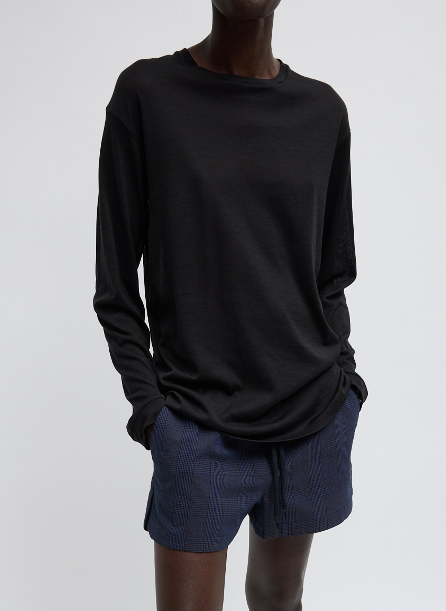 Sheer Crepe Knit Crewneck Unisex Long Sleeve T-Shirt | Tibi Black