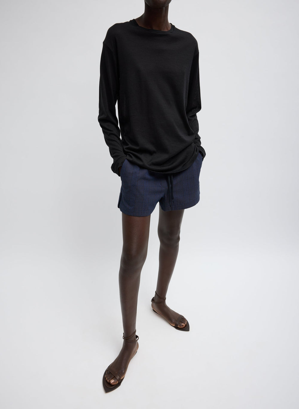 Sheer Crepe Knit Crewneck Unisex Long Sleeve T-Shirt | Tibi Black