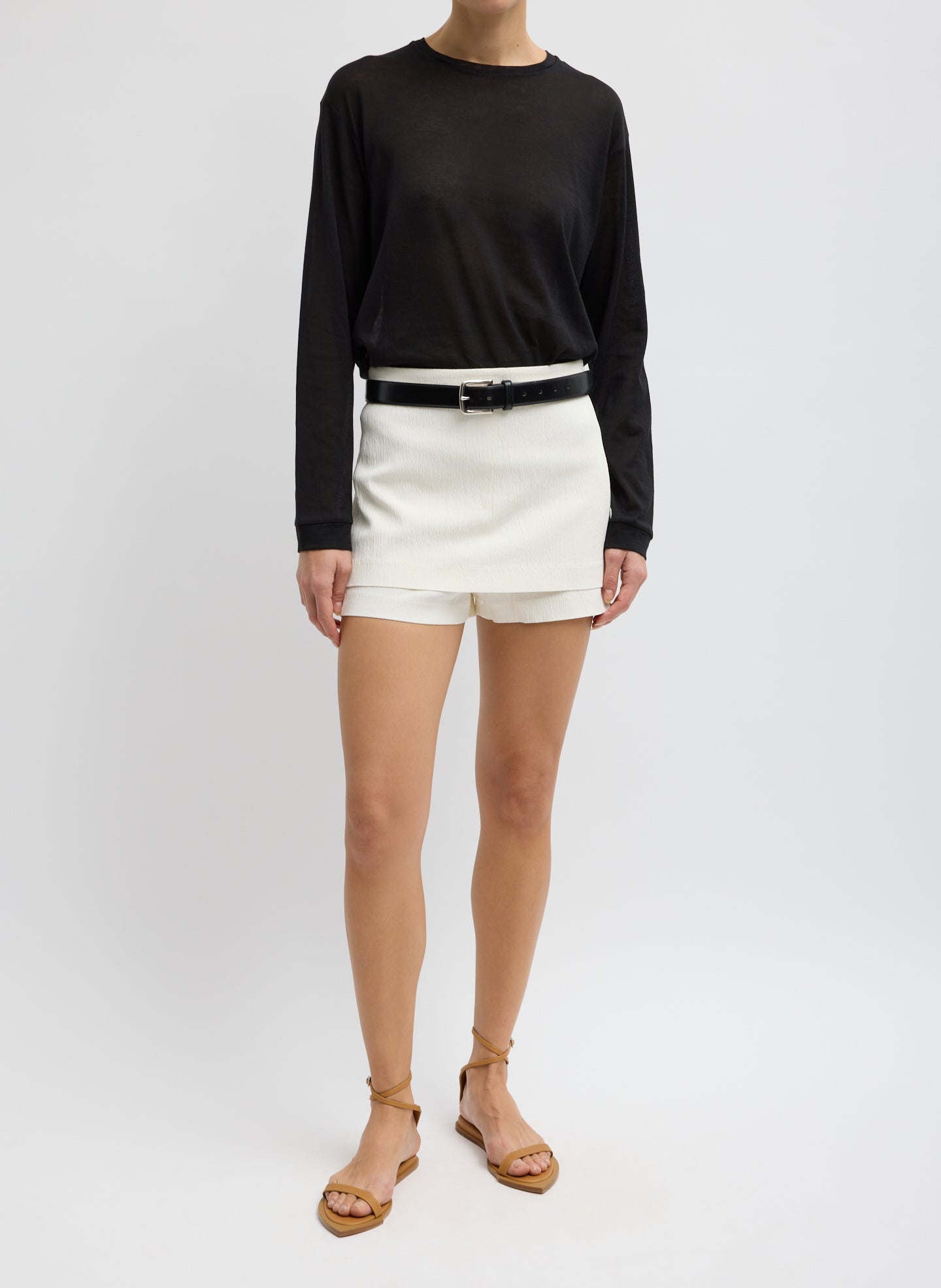 Sheer Crepe Knit Crewneck Unisex Long Sleeve T-Shirt | Tibi Black