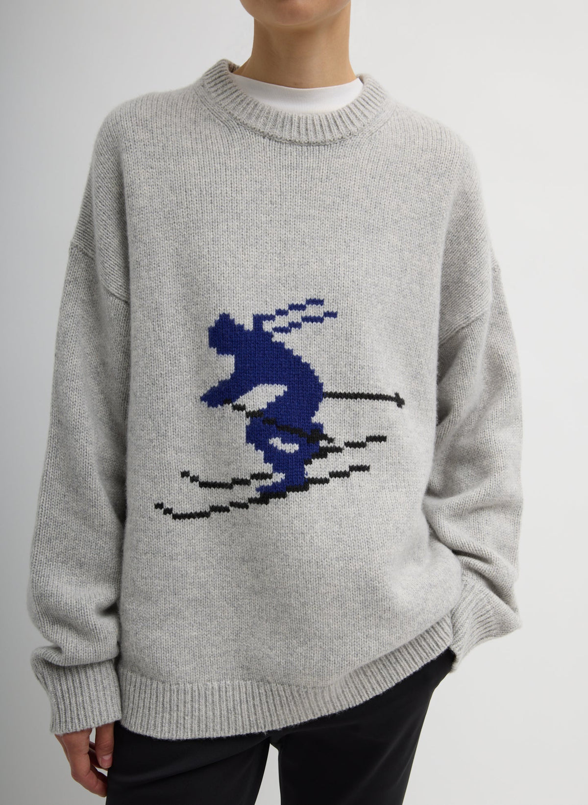 Soft Wool Ski Easy Pullover Crewneck Sweater | Tibi Heather Grey Multi
