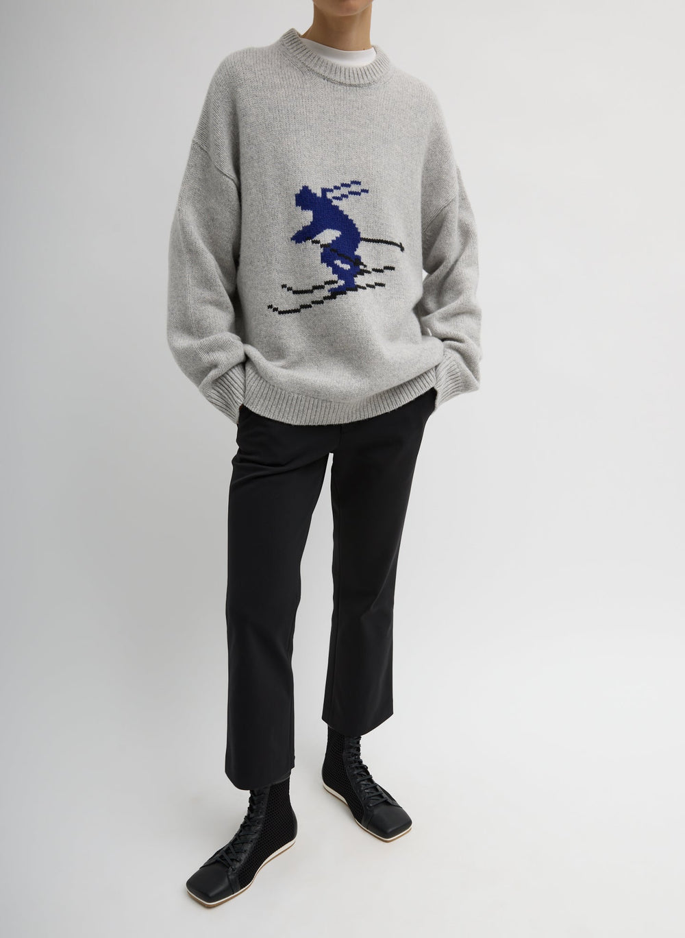 Soft Wool Ski Easy Pullover Crewneck Sweater | Tibi Heather Grey Multi