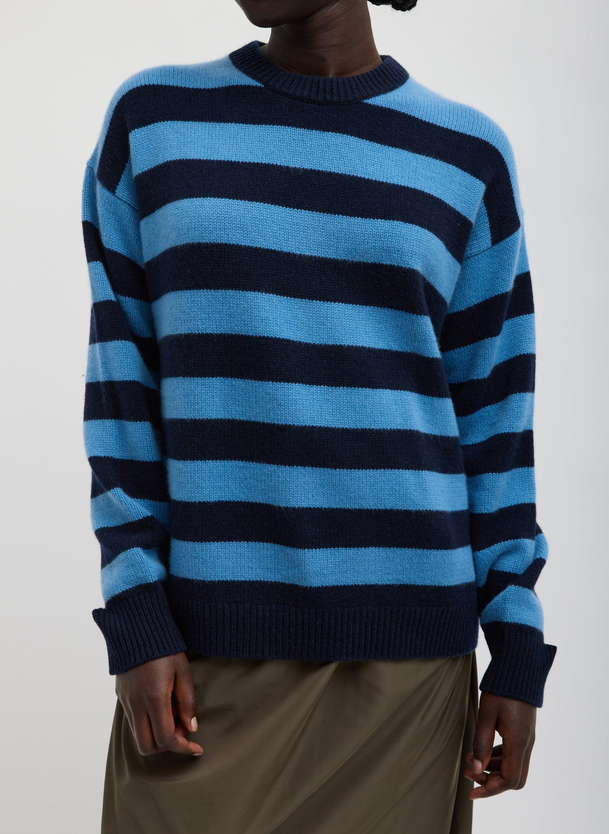 Striped Cashmere Crewneck Easy Pullover | Tibi Navy Multi