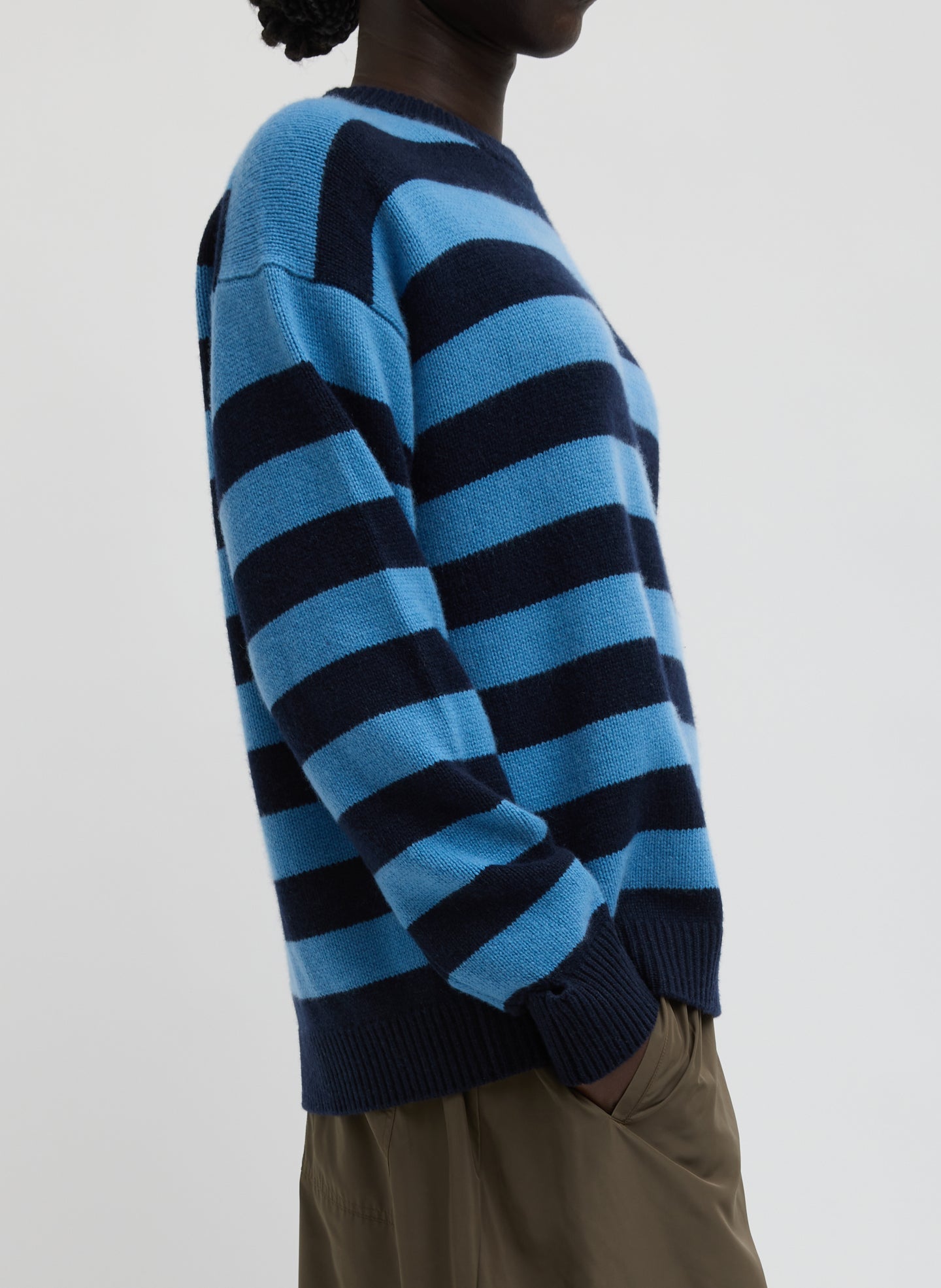 Striped Cashmere Crewneck Easy Pullover | Tibi Navy Multi