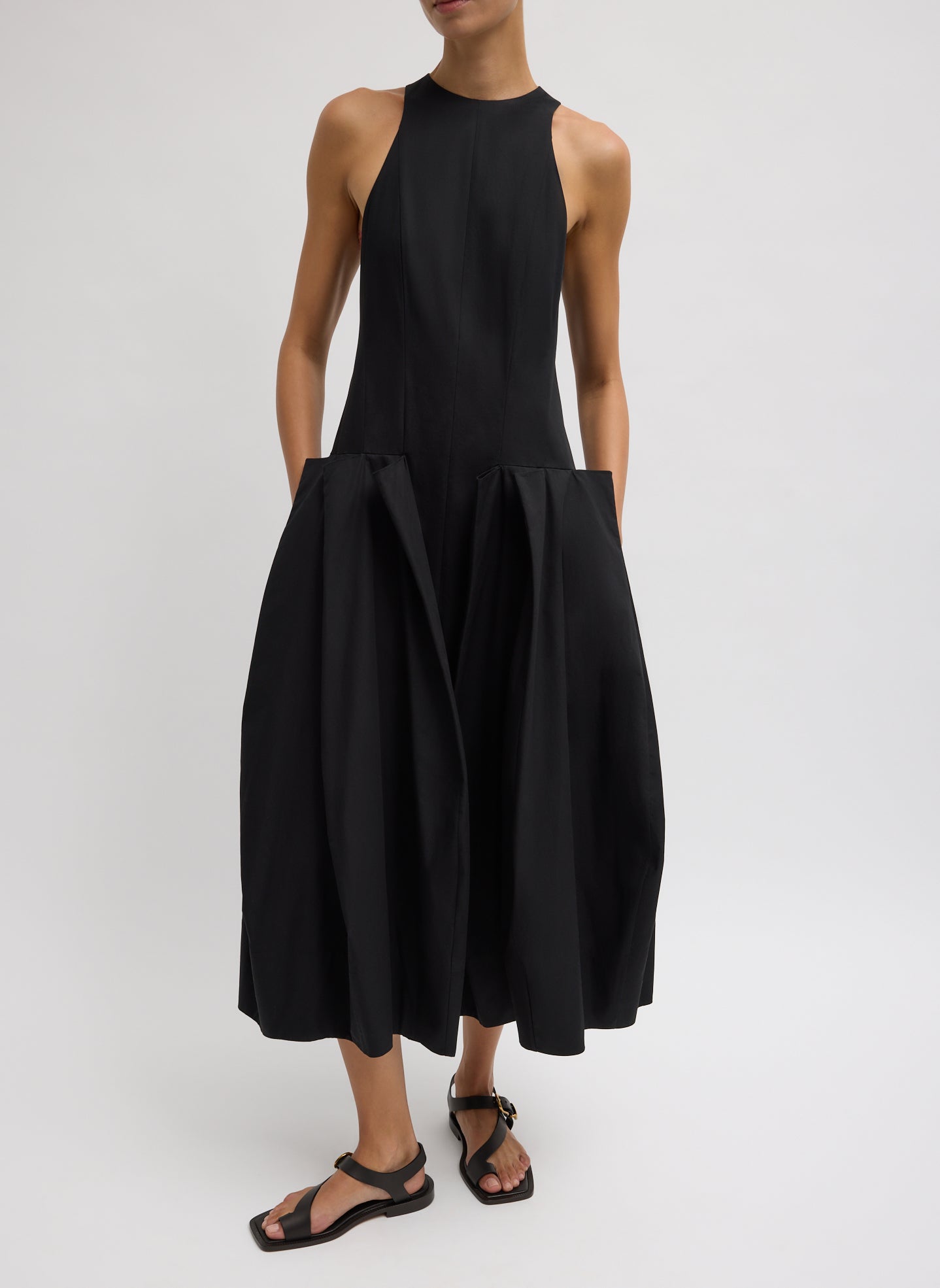 Compact Eco Poplin Pinched Pleat Dress | Tibi Black