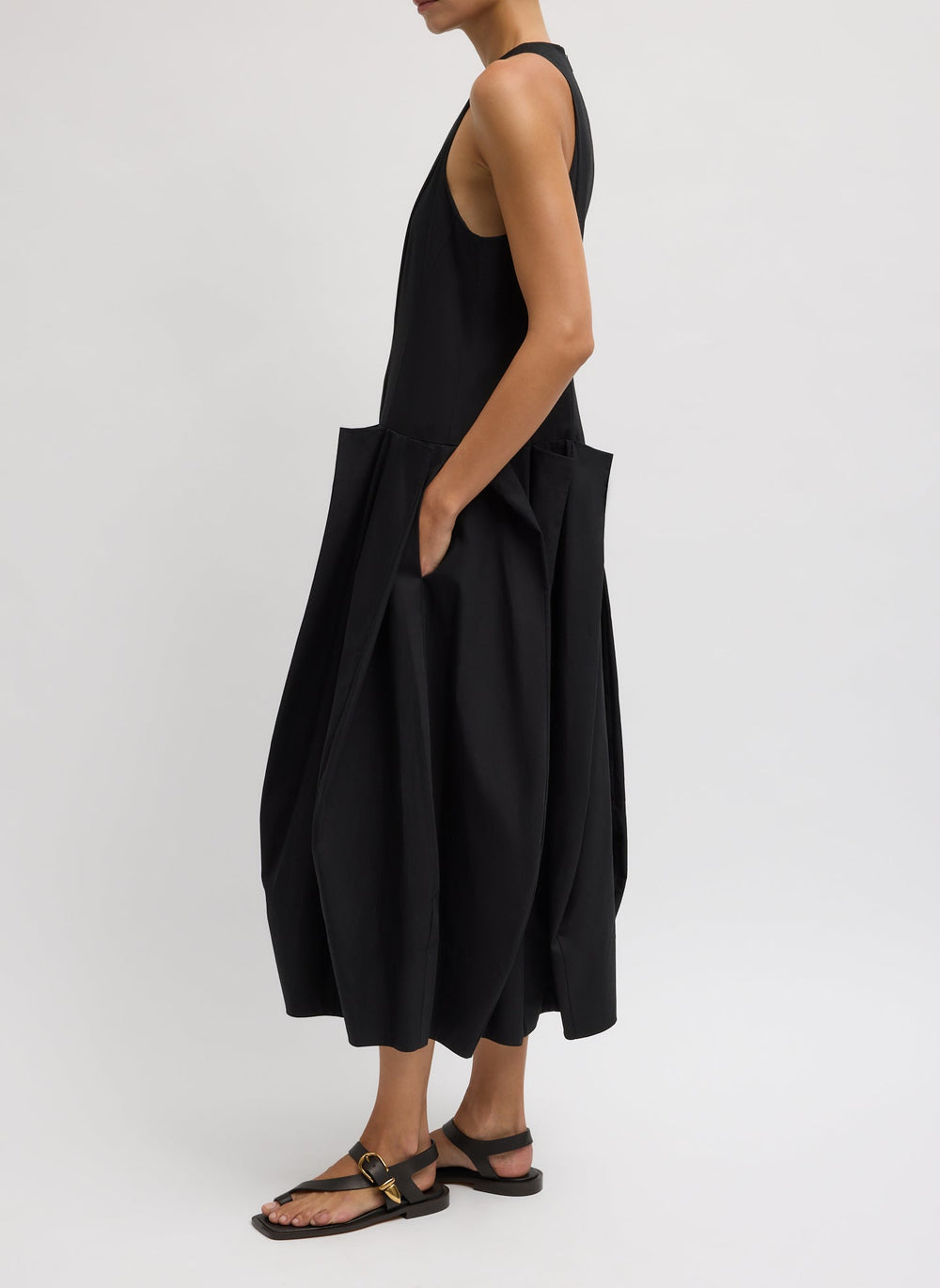 Compact Eco Poplin Pinched Pleat Dress | Tibi Black