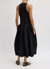 Compact Eco Poplin Pinched Pleat Dress | Tibi Black