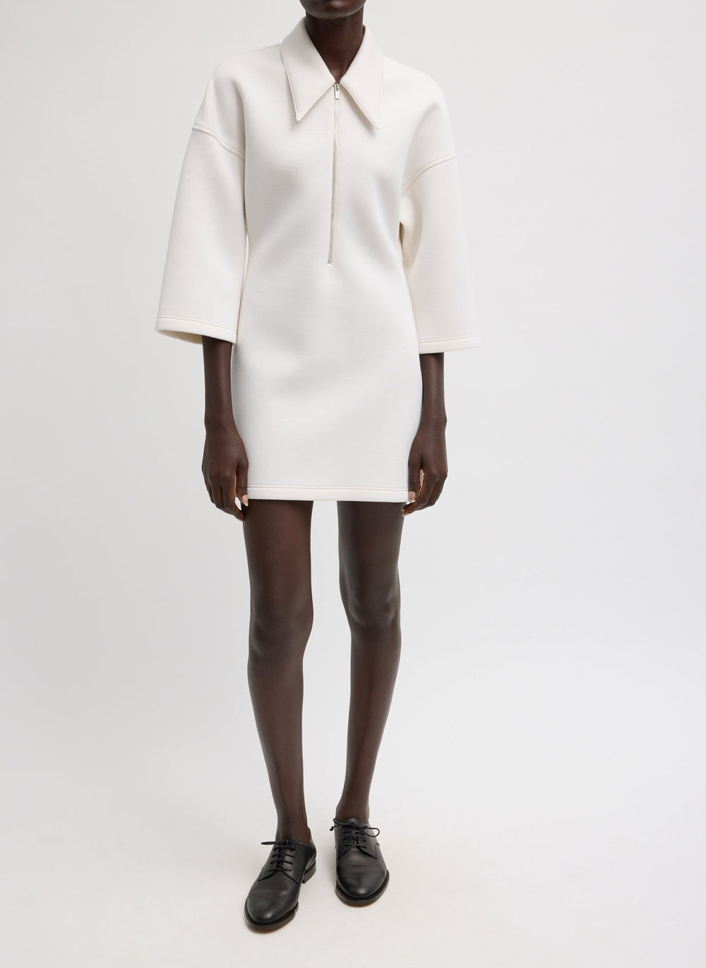 Bonded Viscose Zip Front Short Sleeve Slim Tunic | Tibi Ivory
