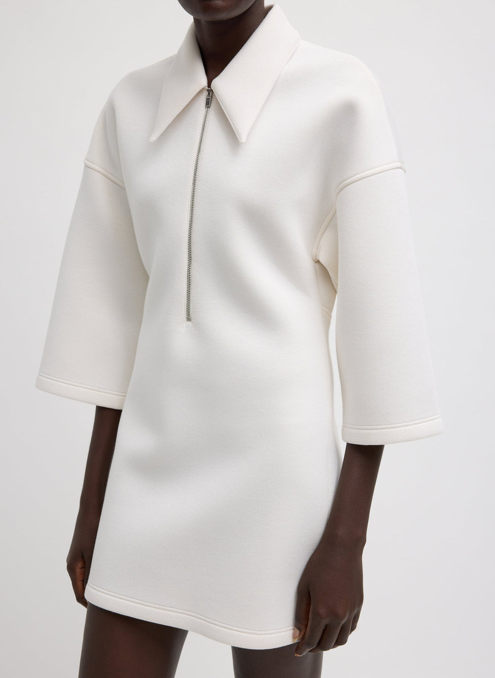 Bonded Viscose Zip Front Short Sleeve Slim Tunic | Tibi Ivory