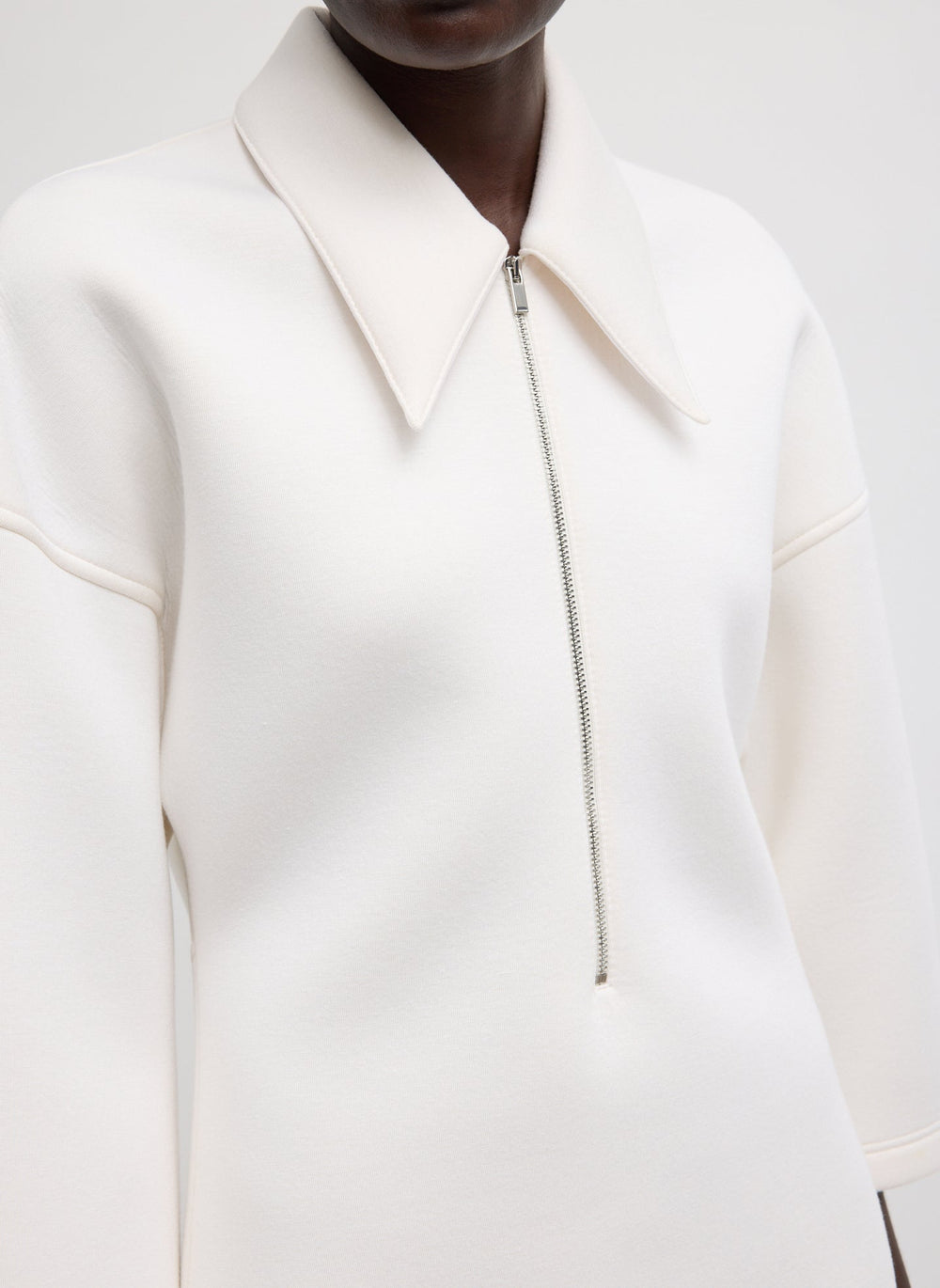 Bonded Viscose Zip Front Short Sleeve Slim Tunic | Tibi Ivory
