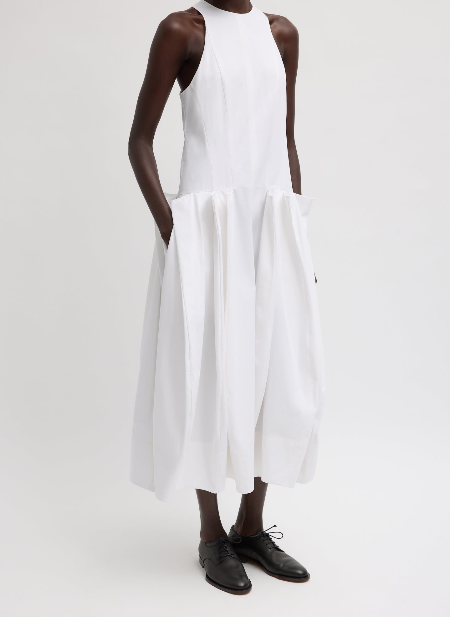 Compact Eco Poplin Pinched Pleat Dress | Tibi White