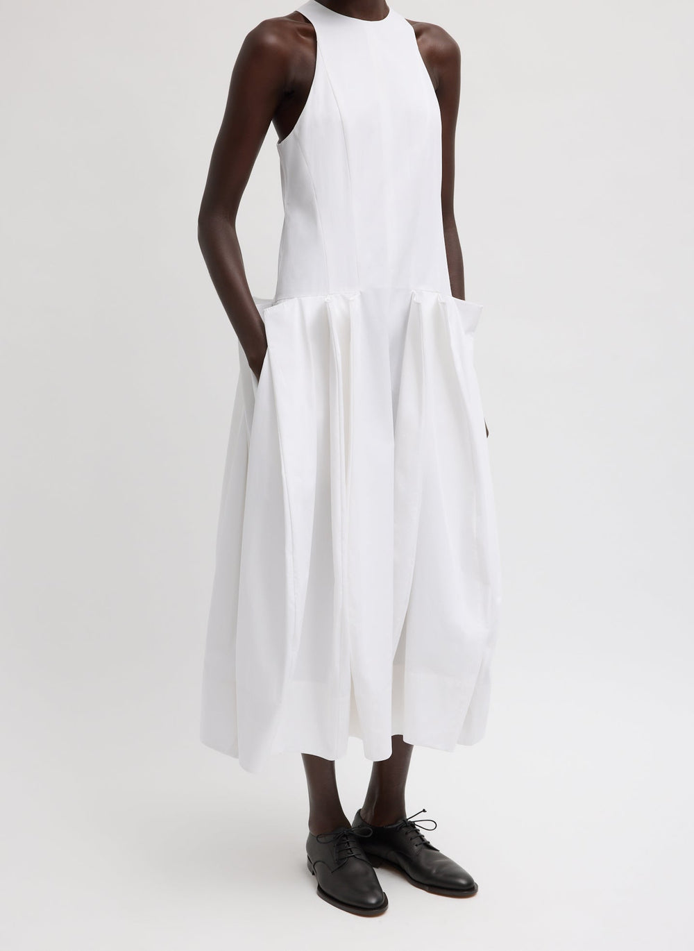 Compact Eco Poplin Pinched Pleat Dress | Tibi White