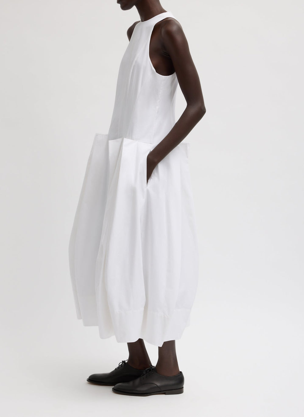 Compact Eco Poplin Pinched Pleat Dress | Tibi White